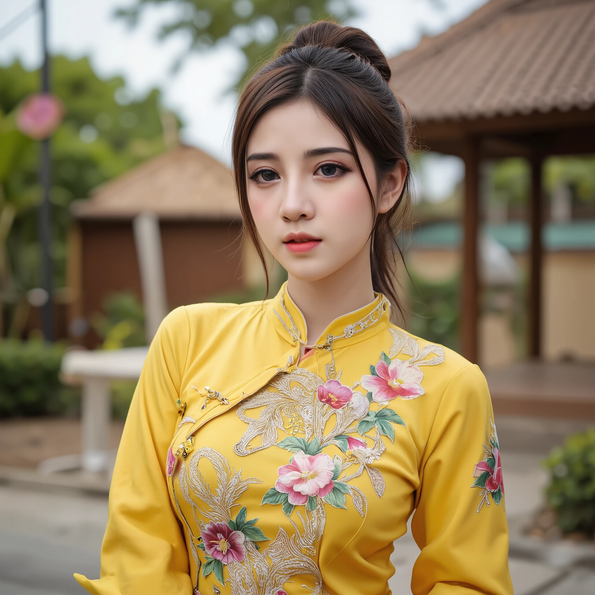 1 girl, hair bun, beautiful girl, mmTD burmese patterned traditional dress, yellow dress, outdoor, perfect light, masterpiece, best quality, ultra detailed, cinematic feels, looking at the viewer, 8k, RAW photo, realistic, photo realistic, intricately detailed, UHD, full HD, ultra resolution