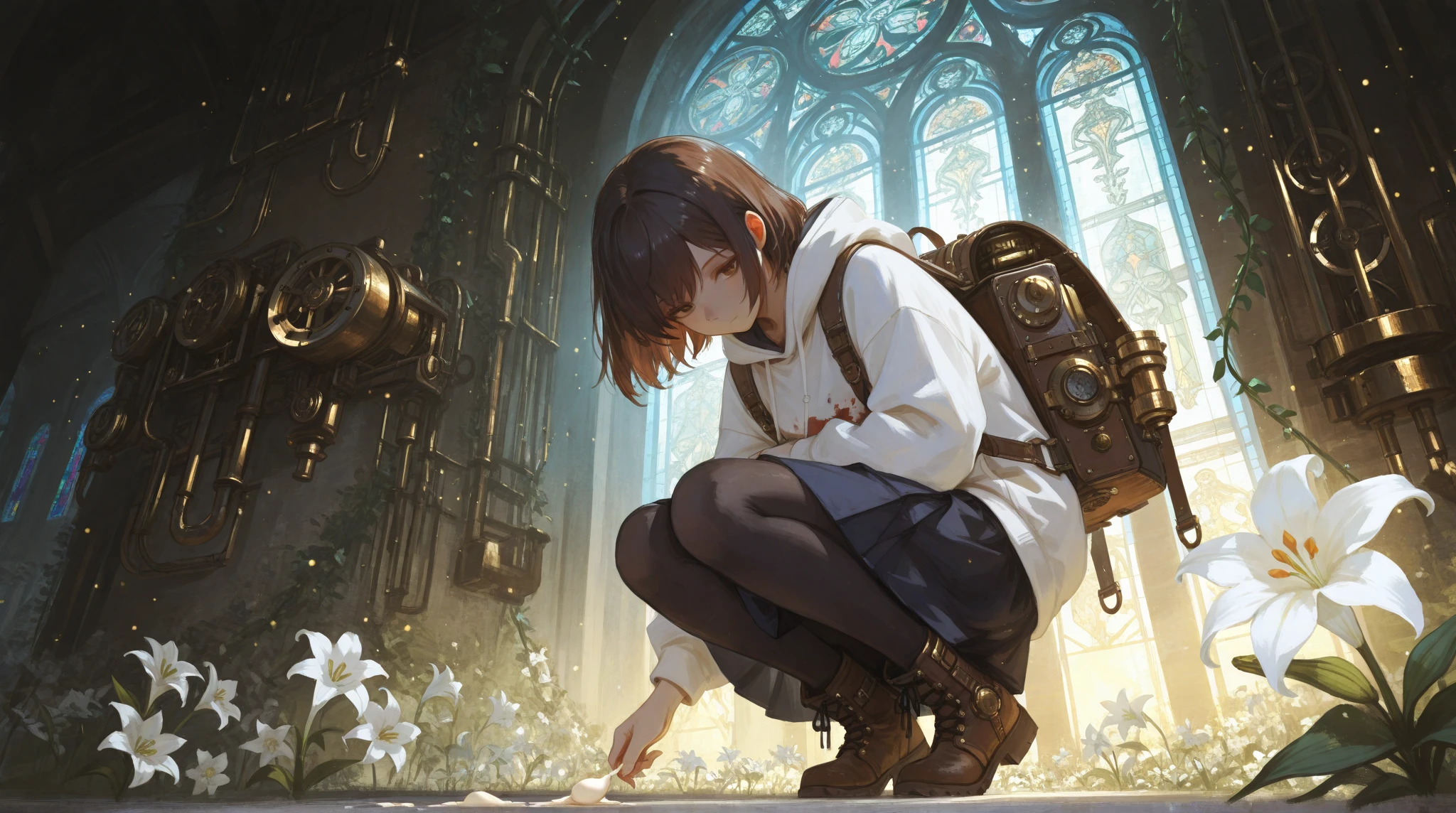 a mystical steampunk garden with blooming white lilies, intricate brass and copper machinery, metallic arches covered in vines, lapis lazuli-colored light particles floating in the air, soft light filtering through stained glass. A girl with shoulder-length dark brown hair, wearing a white hoodie, knee-length skirt, black tights, and short boots, carrying a cream-colored backpack, crouching down and facing sideways or toward the viewer, gently observing a flower. wide-angle view, low perspective, anime-style, highly detailed, painterly, serene and poetic atmosphere