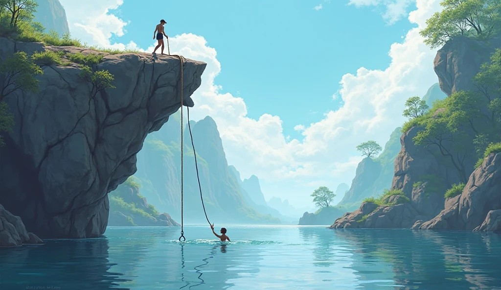 A rock by the river, there is a rope with a hook from the rock one end of the rope does not leave the rope clinging to the rope while a man swims in the river