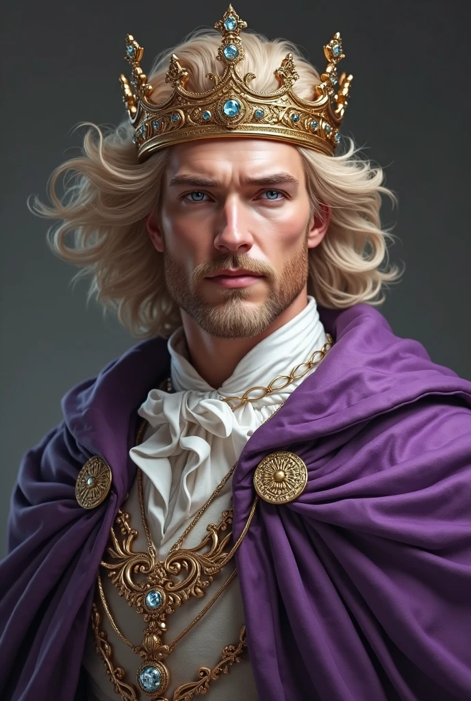 white-skinned man, blond hair. olhos azuis, long hair, short beard and wearing purple Nobles' clothing, gold crown with diamonds and purple cover 
