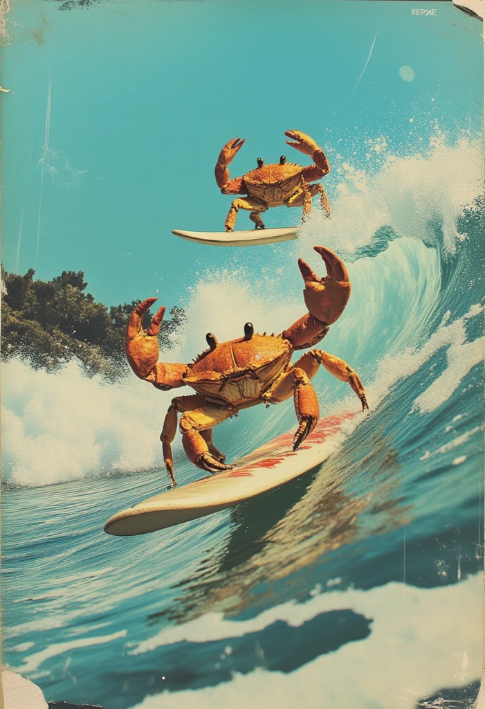 Pictures of waves and crabs surfing on those waves, magazine clippings, vintage, 