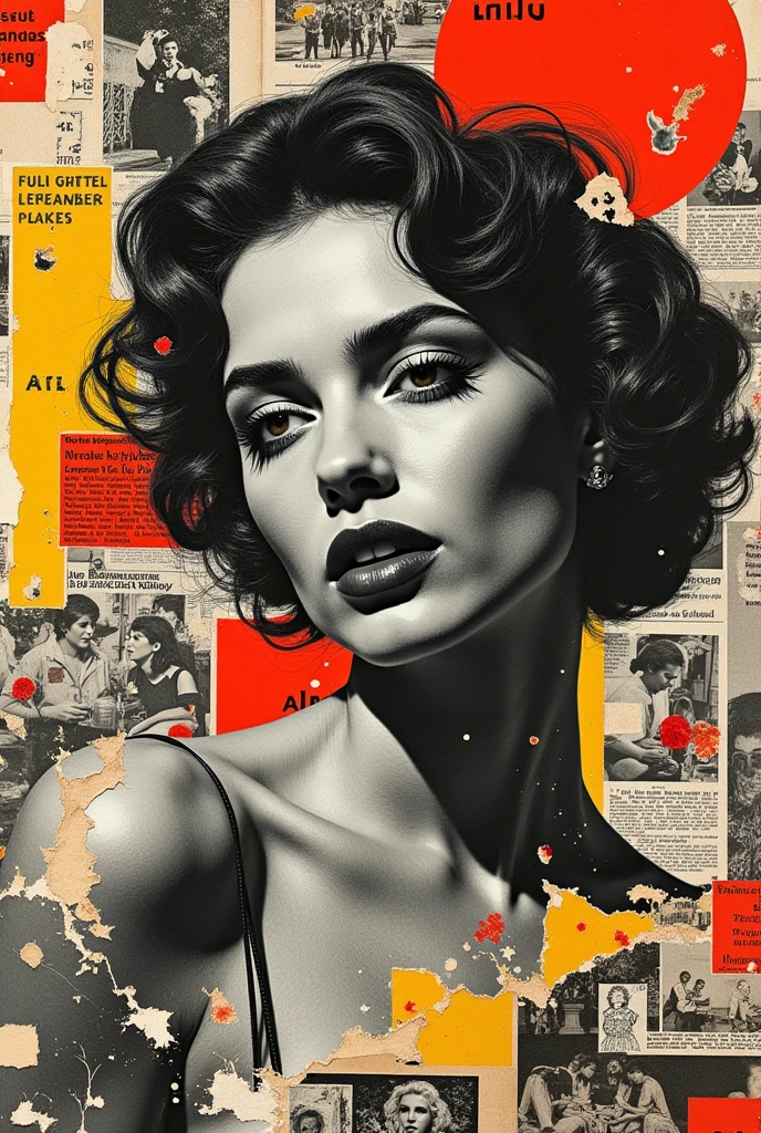 A surreal retro-inspired collage made up of vintage magazine clippings, Chaotic and rebellious composition, Torn paper texture, Bold pop colour, Absurd juxtaposition, Nostalgic aesthetic. Amidst vibrant scenes、Black and white women artfully blended, Fragmented and partially hidden, Still in the midst of chaos. At first glance, Unobtrusive, but、Clearly revealed upon closer inspection. Evoking mystery and contrast, Fusing nostalgia with quiet rebellion.