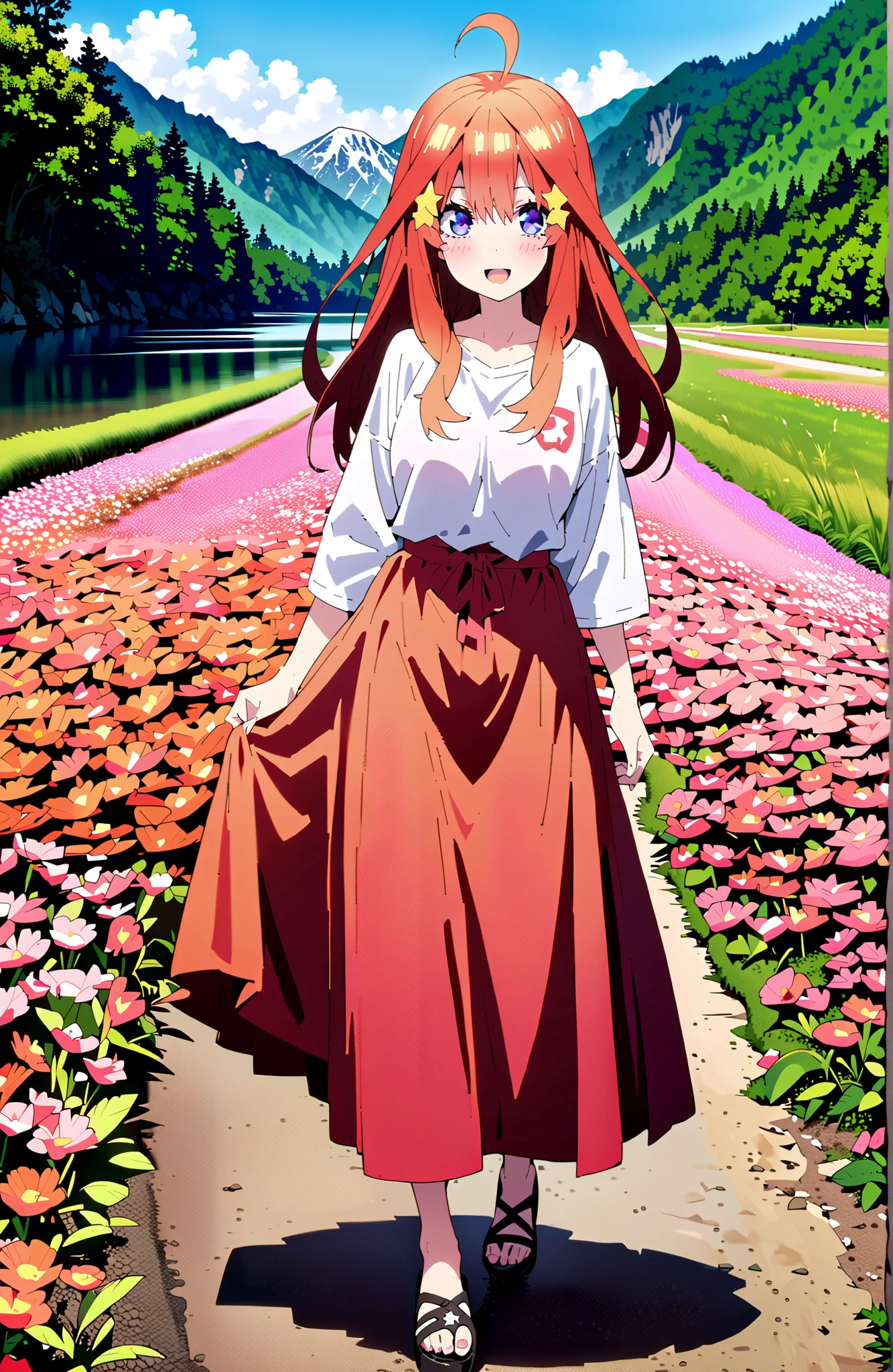 Nakano Mizuki , long hair, blue eyes, Hair Ornament, red hair,star (  symbol ), Half Rim Glasses, star Hair Ornament,Big Breasts,cleavage,smile,blush,open your mouth,white oversized t-shirt, one shoulder, red long skirt,sandals,is standing,Flower Field,river,Mountain,noon,full bodyがイラストに入るように,break looking at viewer,full body,
break outdoors,nature,
break (masterpiece:1.2), best quality, high resolution, Unity 8Kの壁紙, ( illustration :0.8), (beautiful detailed eyes:1.6), very detailed face, perfect lighting, highly detailed CG, (perfect hand, perfect anatomy),