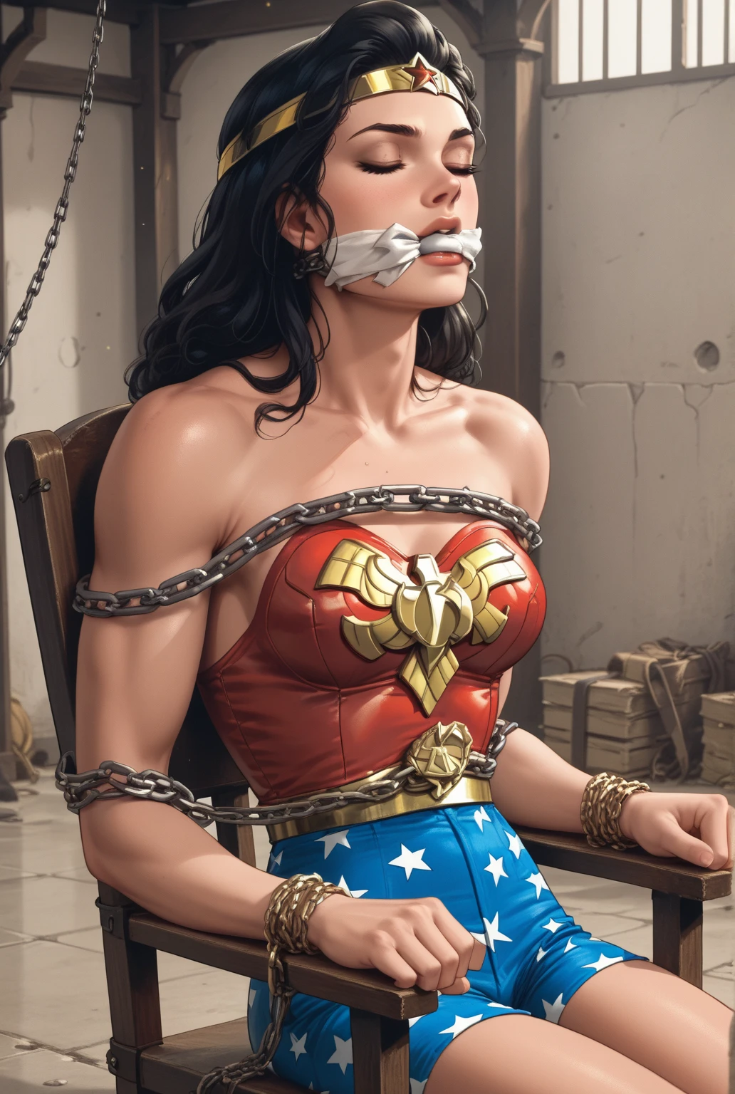 dianaprince, diana prince, blue eyes, black hair, 1 girl, jewelry, star \(symbol\), star print, superhero, An expression of shame on his face, confusion, Desperation on the face, Knees clenched together, Tense posture, bites his lower lip, anatomically correct, Realistic, side-view,(((barefoot, 5 toes, black toe nails, Focus full body, tied ankles together, tied arms Sit on a chair))),and