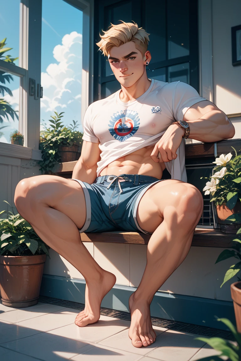 A realistic white man, thin-bearded, tabby-bodied, in a feminine bathing suit, on a hotel balcony in a big city. --auto --s2