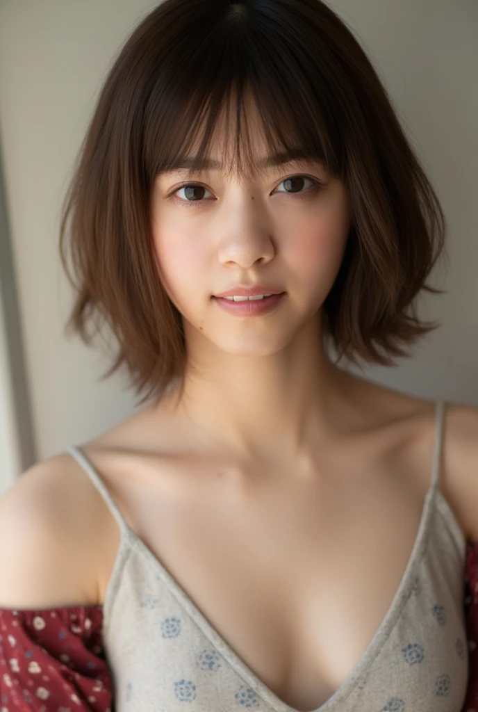 Top quality, 1 beautiful woman, super short Hair,  wearing , shy-smile,  at school 
