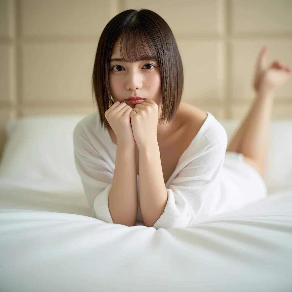 a full body photo, an 18-year-old Hungarian girl dressed in a white cloth, who has short gray hair and long skinny legs, who is lying and curling up in a bed, (solo), (quality: 1 .4), (photorealistic: 1.2), (resolution: 1.4), (sharpness: 1.6), (cinematic lighting) depth of field