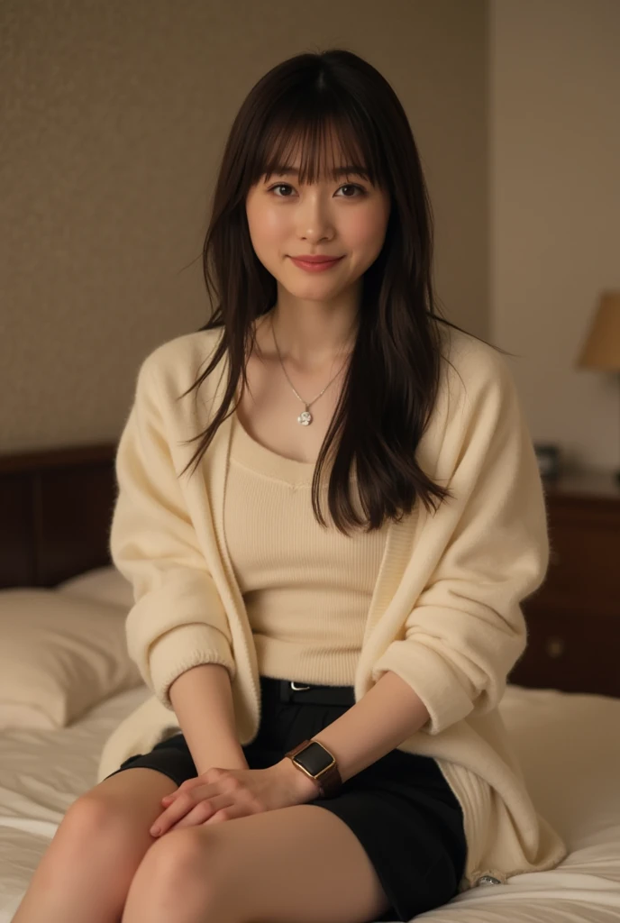 Beautiful Chinese woman, 20 years, with bangs; home cozy clothes, Material: soft, velvety or velor, top: Free, long-sleeved, one shoulder is bare, through: Спортивные штаны с резинкой вthroughу, ties at the waist, color: Light beige or cream, fashion: everyday, relaxed style, details: Deep pockets on pants.; joyful, carefree, smiling, squinted eyes, sincere happiness, joy, serenity, Enjoying the moment; sitting on the sofa.(masterpiece, accuracy, 8 K)