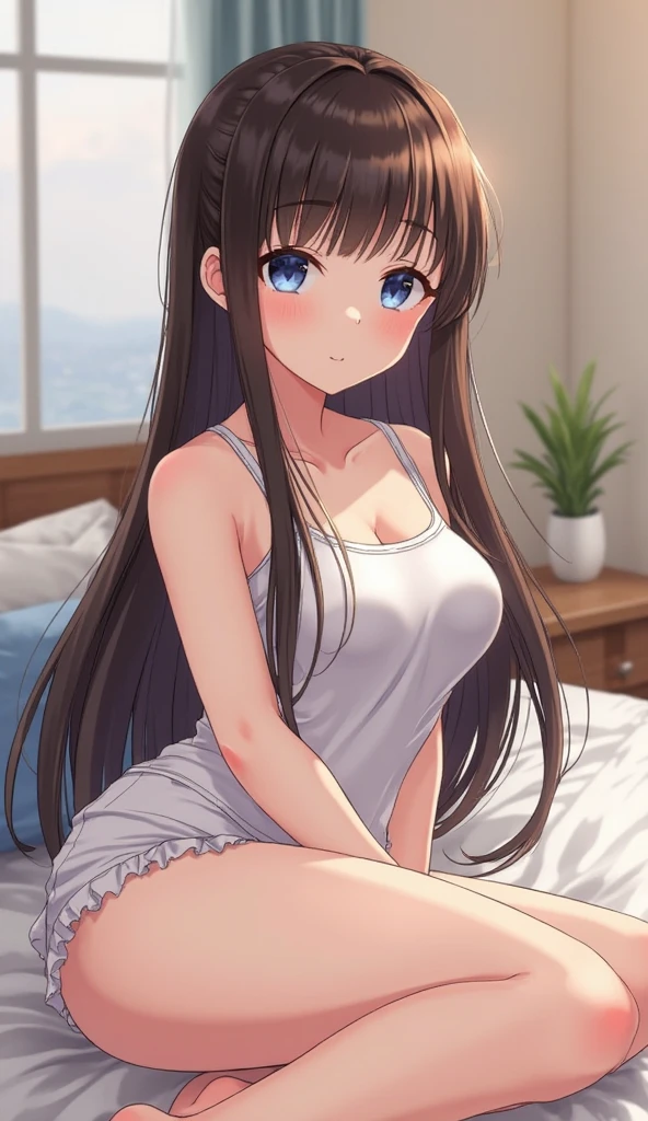 A beautiful girl opening a door with a sleepy expression, anime girl, (20 year old girl:1.3), housewife, inside the room, inside the house, sleeveless camisole, beige lace panties, big round breasts, dark brown hair, long hair, wavy hair, messy hair, bangs aqua eyes, glowing eyes, pupils sparkling, blush, glossy lips, yawn, detailed face, slim waist, shapely legs, beautiful thighs, perfect body, anime CG style, high definition, natural light, high detail, anime, dithering, image fill, perspective, Wide-Angle, f/1.8, 85mm, Sony FE GM, 8k, 8k wallpaper, super detail, highly detailed CG, UHD, retina, masterpiece, accurate, anatomically correct, textured skin, highres, best quality:1.3, 16k