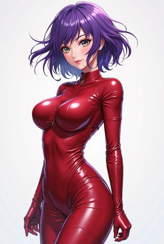 yokozuwari, mature female, full body shot, red bodysuit, gloves, purple hair, short hair, large breasts, (narrow waist:1.1), cleavage, perfect body, (athletic body:1.1), soft skin, anime face, perfect face, perfect eyes, (purple iris:1.1), round iris, anime eyes, smoky eyeliner, eyeshadow, plump cheeks, asian, plump lips, smirking, smug facial expression, looking at viewer, sharp focus, intricate details, perfect quality, masterpiece painting, professional artwork, cinematic lighting, ultra detailed body, ultra detail hair, ultra detail face, trending on pixiv, by Kagami Hirotaka, by Harue Koga, <lora:Oboro_Taimanin_v1:0.75>,