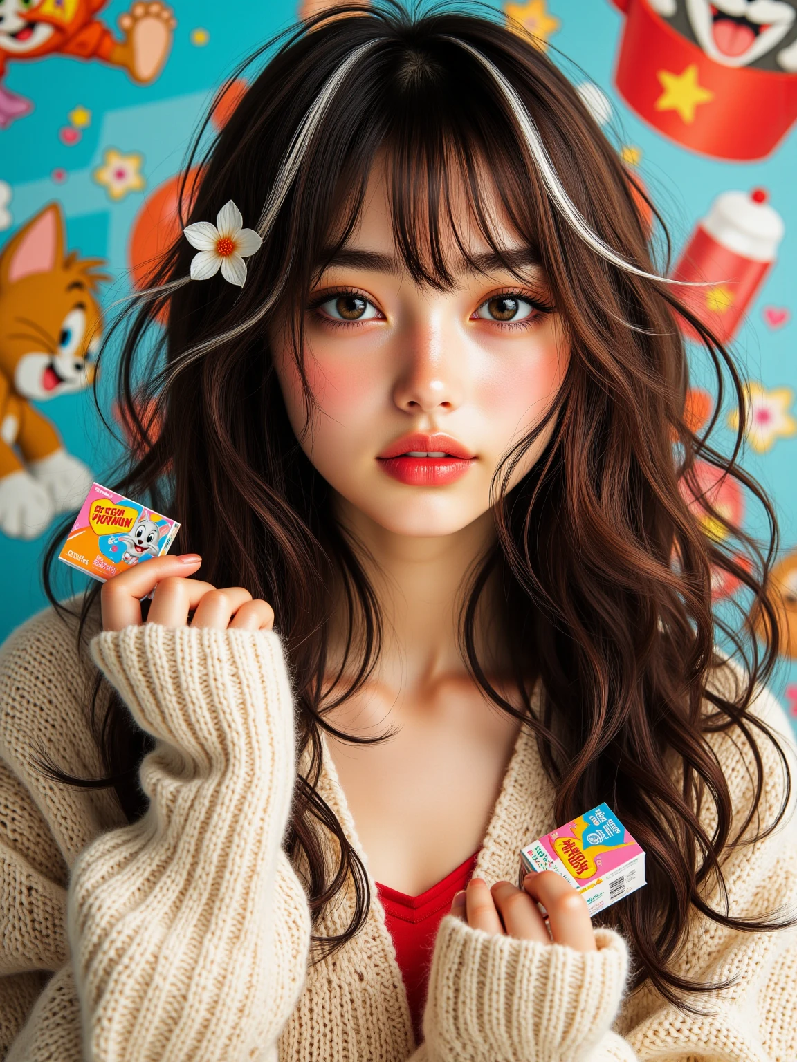 8k,Realistic Details, Great Performance, Armor ,woman, Brown hair with white highlights, bread, Flower Clip, Orange Eyeshadow, Light Pink Lipstick, Holds , Tom and Jerry Powder Cartridges, Cosmetic Powder Cartridge Products, Colorful Tom and Jerry Pattern Background, Light Cream Sweater, cheerful, Tom and Jerry Theme
