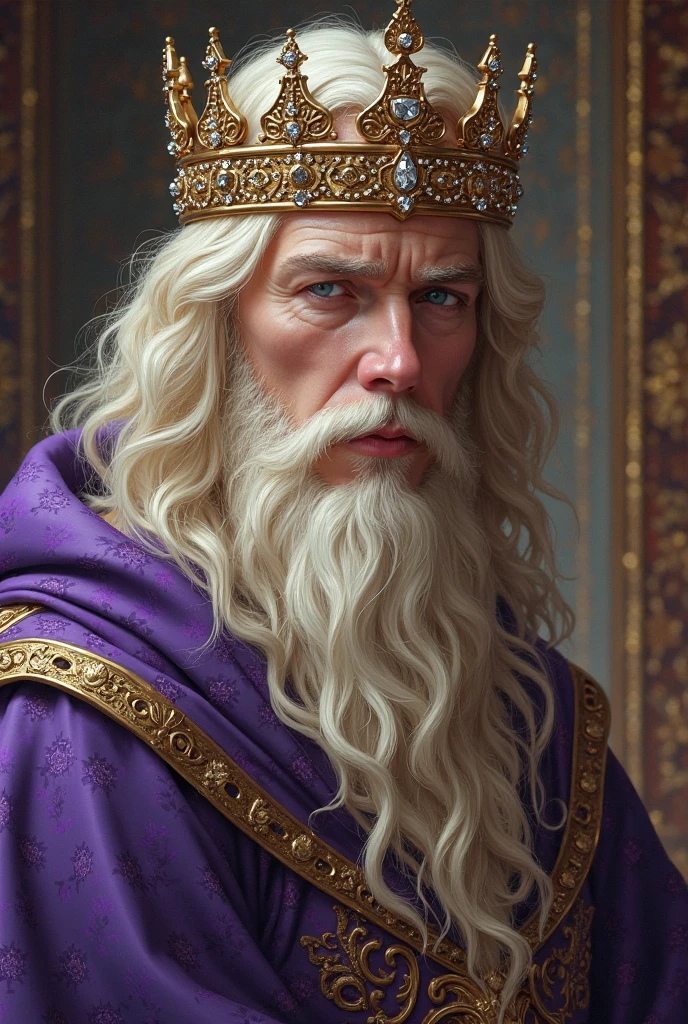 white-skinned man, blond hair. olhos azuis, long hair, short beard and wearing purple nobles' clothing, imperial gold crown with diamonds and purple cover 
