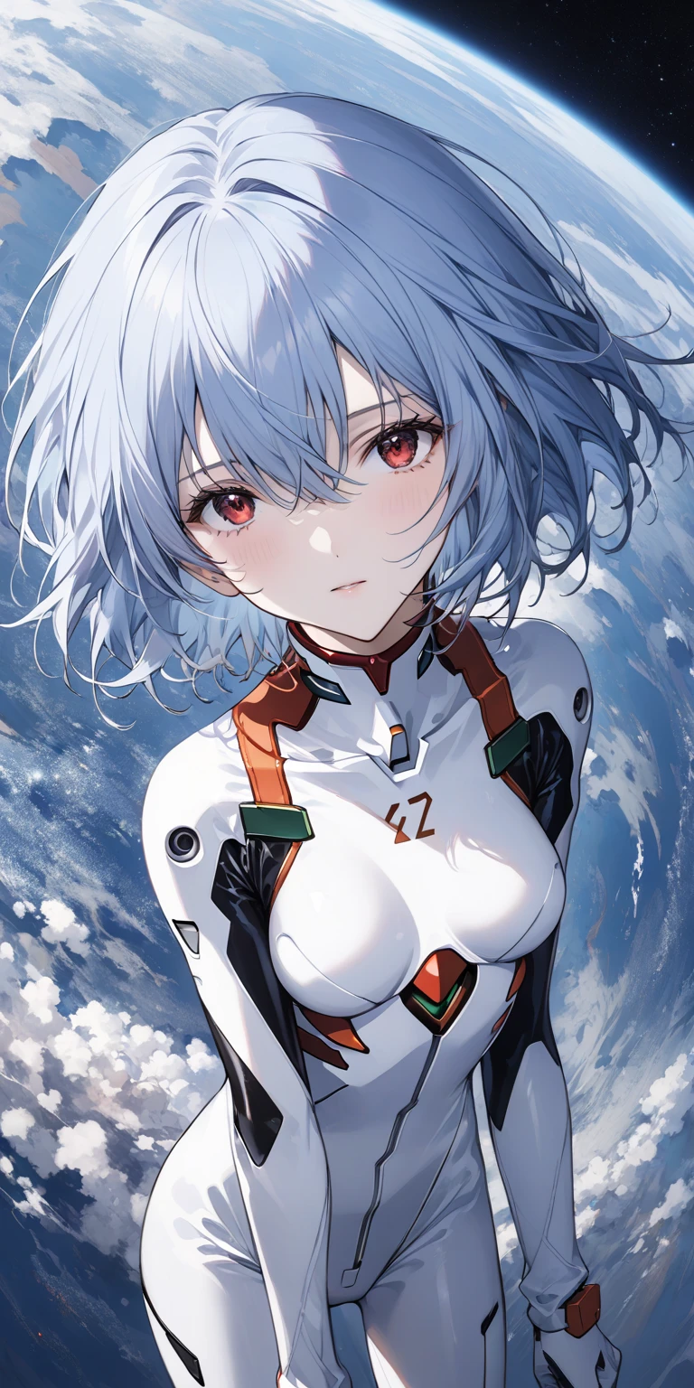 best quality,highly detailed,masterpiece,ultra-detailed,solo,1girl,(white background:1.5),(Delicate eyes),1girl, plugsuit, ayanami_rei, bodysuit, white_bodysuit, red_eyes, solo, simple_background, white_background, pilot_suit, short_hair, blue_hair, bangs, interface_headset, turtleneck, hair_between_eyes, skinny, parted_lips, looking_at_viewer, small_breasts, upper_body