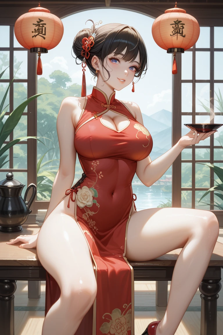 (masterpiece:1.2, highest quality), (realistic, photorealistic:1.4), beautiful illustrations, (natural side lighting, movie lighting), NSFW,
looking at the viewer, face focus, Upper body, 1 girl, Japanese, high school girl, perfect face, Cute symmetrical face, (shiny skin:1.3), perfect eyes,
(double bun:1.3, brown hair), asymmetrical bangs, brown eyes, (large breasts:1.3), thin waist,(big ass:1.2),
beautiful hair, beautiful face, detailed and beautiful eyes, beautiful clavicle, beautiful body, beautiful breasts, beautiful thighs, beautiful feet, beautiful fingers,
((fine cloth texture, Sleeveless Red Micro Mini Cheongsam, Slit at waist)),
(beautiful scenery), evening, (Ramen shop), walk,(little smile, upper eye), ,((Please show me your armpits)),side ,
