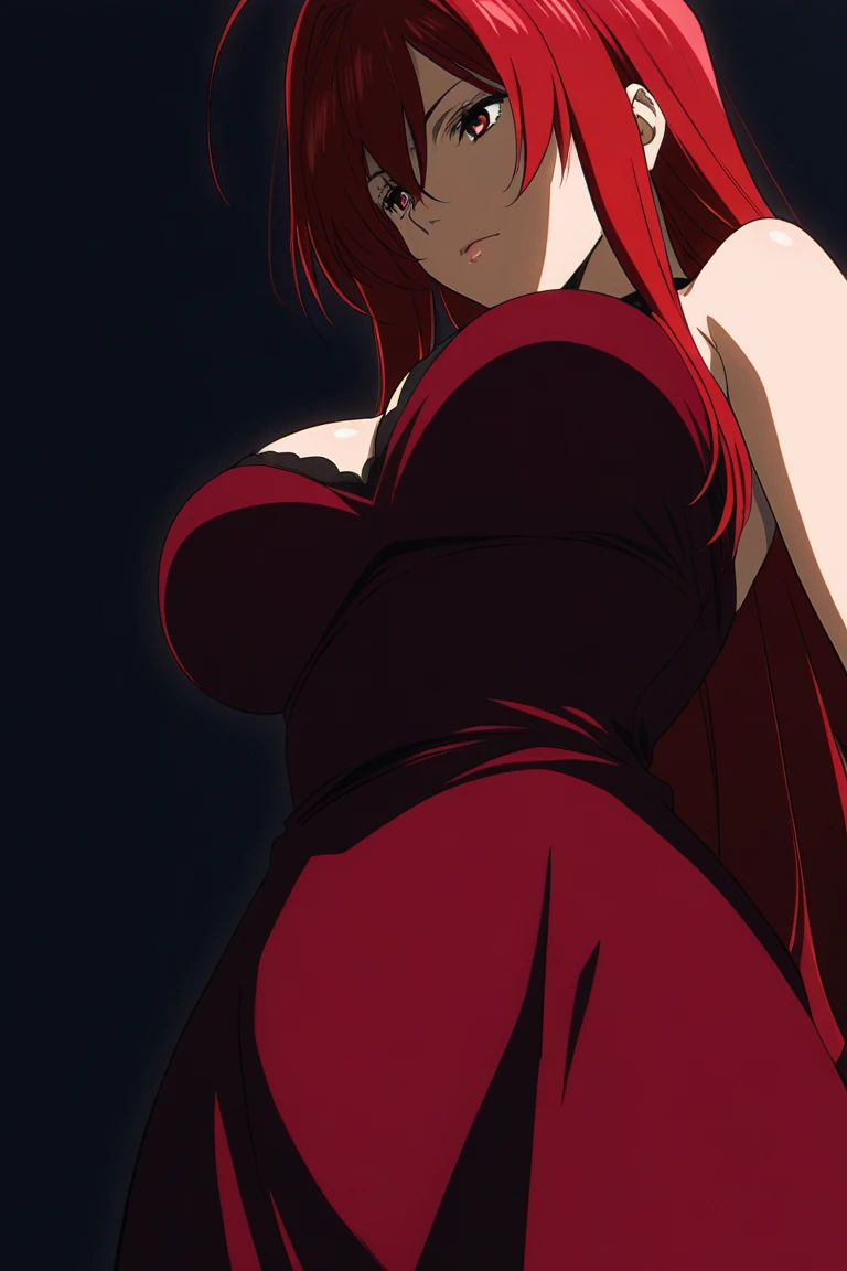 <lora:RedHoodX_XL_V1:1> masterpiece, best quality, redhoodx, very long hair, mechanical horns, (large breasts:0.8), (realistic:0.1), (anime:0.4), film noir, femme fatale, dark, glowing red eyes, looking at viewer, long dress, bare shoulders, backlighting, art deco city, monochrome, red accent, sin city style