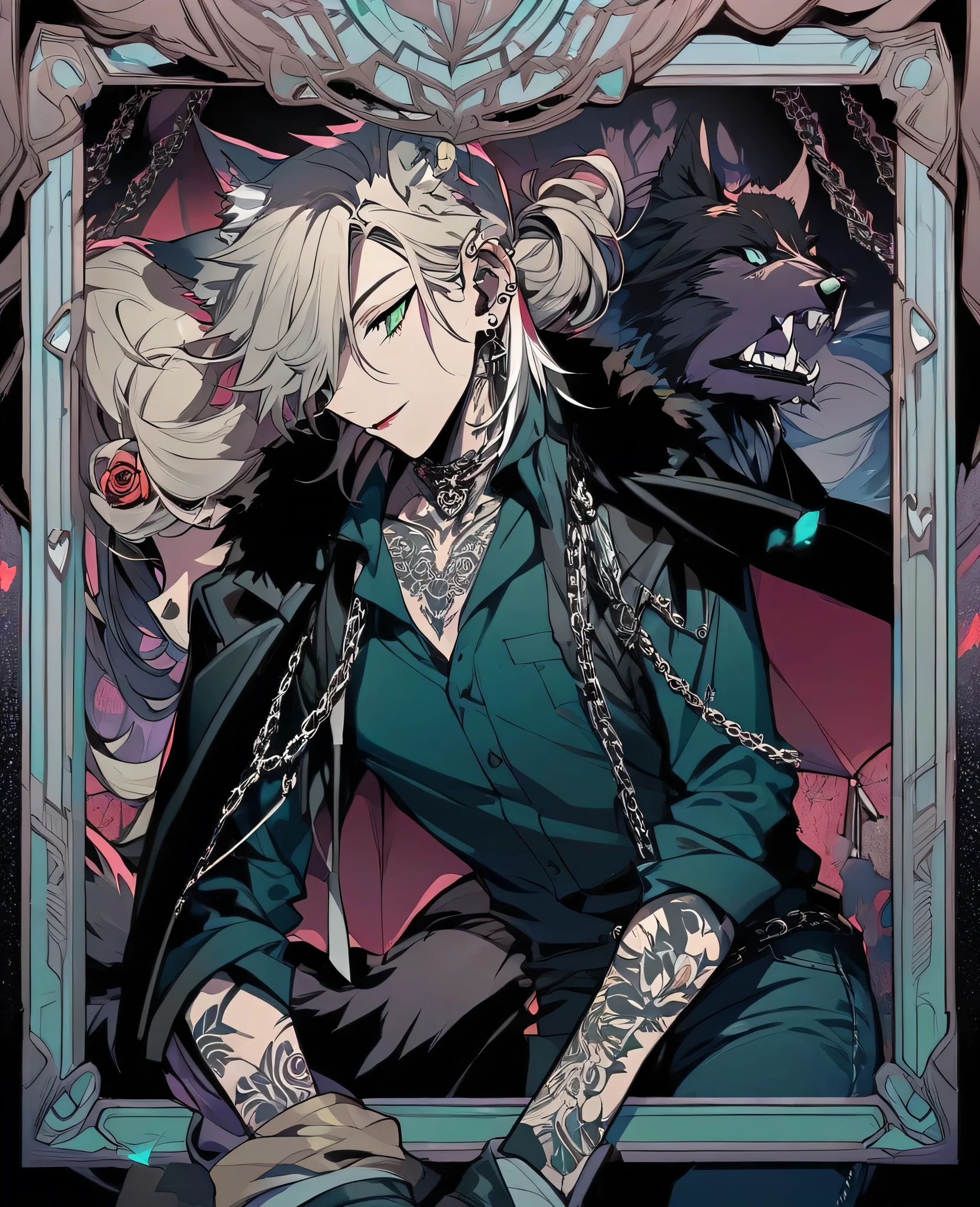 Create an image Apart from this ,
"Supernatural young man character, vampire-werewolf hybrid, with a mysterious and sexy appearance. He has pearlescent blond hair up to his shoulders, dark green eyes and a defined body. He wears a black leather jacket with teal details, a dark turquoise dress shirt with open button neckline, jeans with chain, boots and accessories (piercing, brinco, coleira). It has black tribal tattoos and a rose tattoo on the neck. Hides its wolf ears and tail in public. He is obsessive affectionately and protectively in love with your soul mate, With a calm air, intense and enchanting. Her eyes reveal desire, secrets and silent devotion, hybrid half vampire and half werewolf."