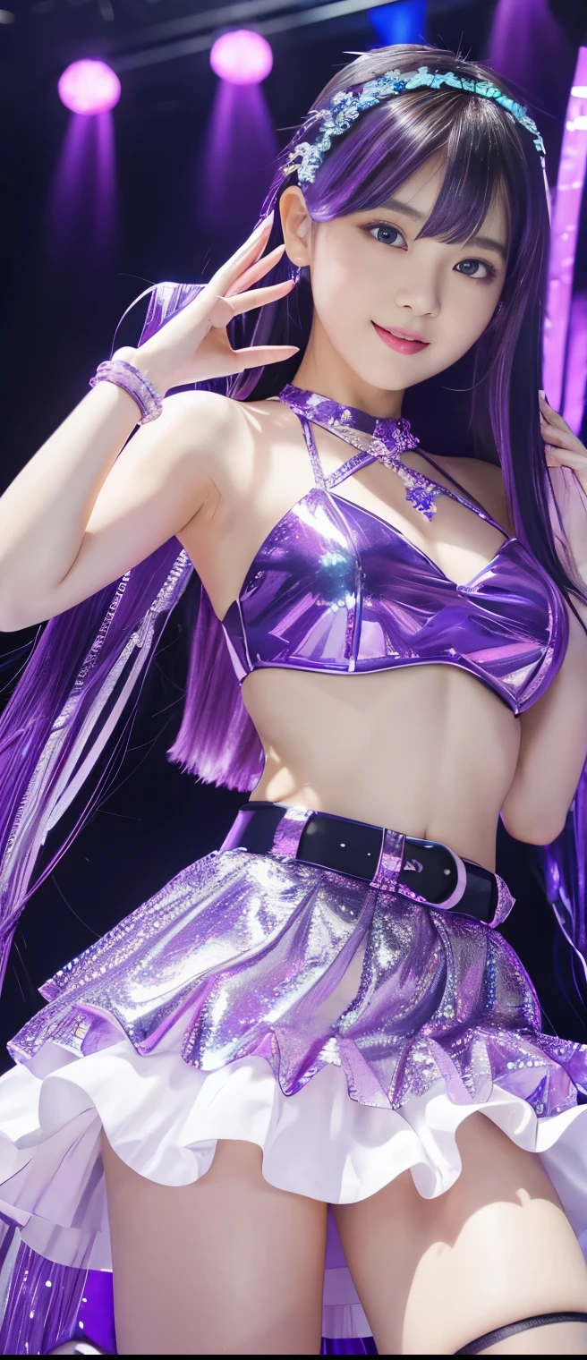 Flashy Cyber Idol Girl、A pure girl's face、 hypo、、fluorescent purple and silver prism mini dress、、 Crystal Belt 、Glowing Crystal Fish、