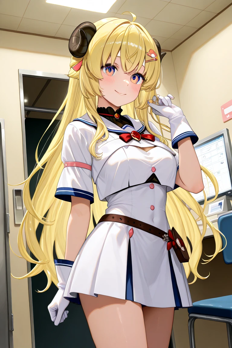 solo, One girl, high school girl,Large Breasts, Long Hair, Blonde, Colorful Hair, Pink eyes, pout, Blushing, Ears are red, Cowboy Shot, Aperture F2.8, Anime Style, masterpiece, High resolution, Anatomically correct, Highest quality, accurate,