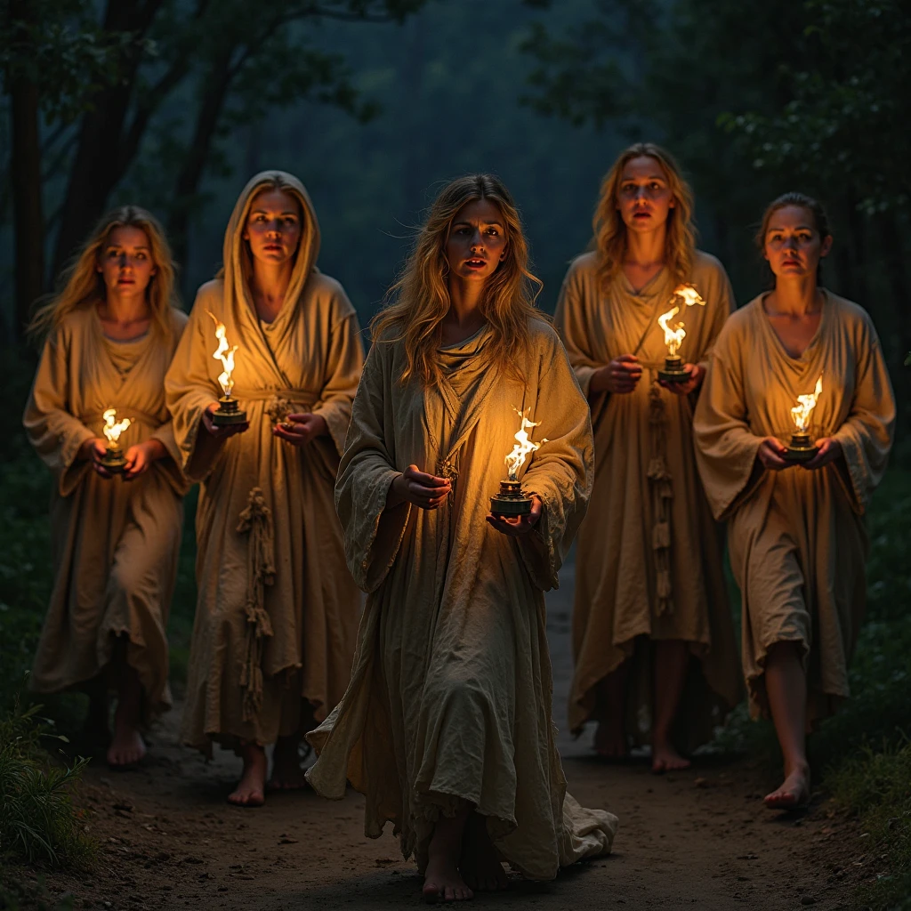 Five women in disheveled robes, their faces anxious and pleading, holding nearly extinguished oil lamps with faint, dying flames. The night is dark around them, with only the dim light from their lamps casting shadows. They are running towards the bride groom who is going with the same five wise women with disheveled robes