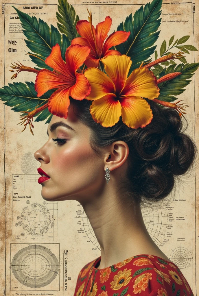 surreal collage art, head of a 1960s fashion model replaced with vibrant tropical flowers, background is a collage of vintage astronomical charts, elegant yet bizarre, prominent paper texture and cut edges, magazine cutouts style