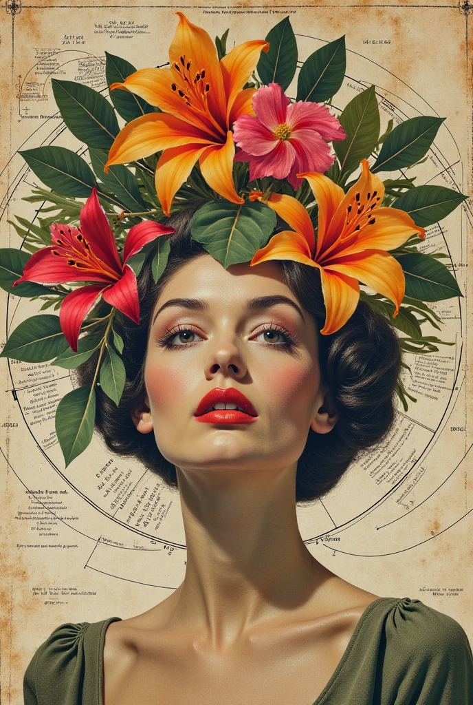 surreal collage art, head of a 1960s fashion model replaced with vibrant tropical flowers, background is a collage of vintage astronomical charts, elegant yet bizarre, prominent paper texture and cut edges, magazine cutouts style