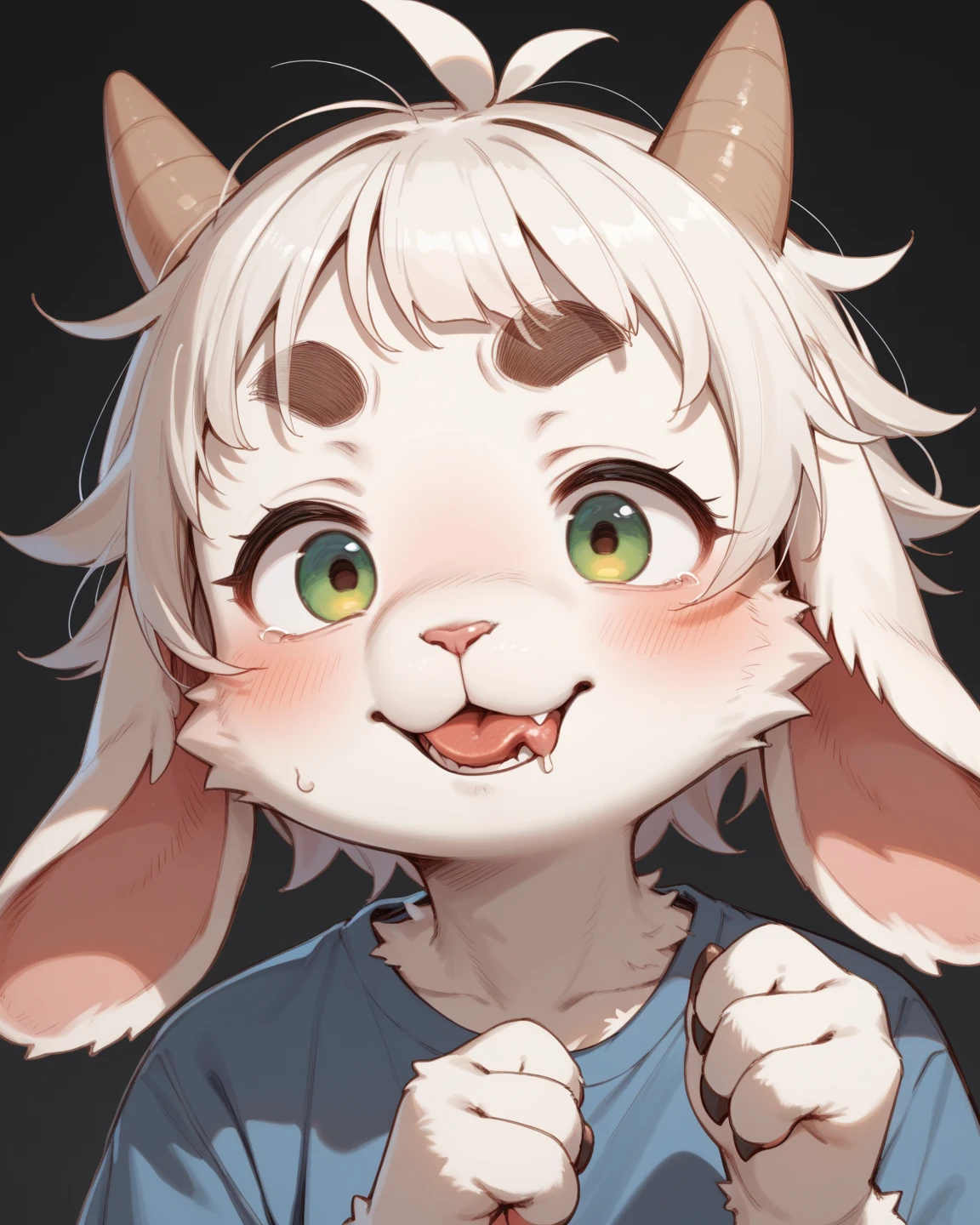 a sexy sheep girl, fluffy white hair, curled ram horns, big poofy hair, fluffy wool on body, round bell on choker, cum on face, tongue stuck out, cum on tongue, facial cum, cum shot