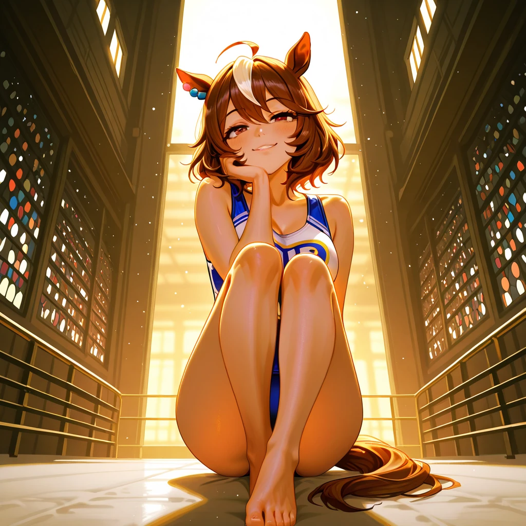 ((Masterpiece)), ((best quality)), (Anime:1.5), (RAW photo:1.2),(High Definition:1.3), (Professional Photography:1.2), ((12 years old)), from below, cinematic lighting, Beautiful violet eyes, loraeyes, (Unruly hair), pale brown hair,stooped posture, (slightly exposed naked nipple), (cute Boxer shorts), Slender body, naked small breast, open mouth, double teeth, (Very naughty smile), Textured skin, cat ears, Cute Beautiful girl, teenage , BREAK, ((best quality)), (Vibrant pose:1.4), squatting on the concrete alley, slum townscape,