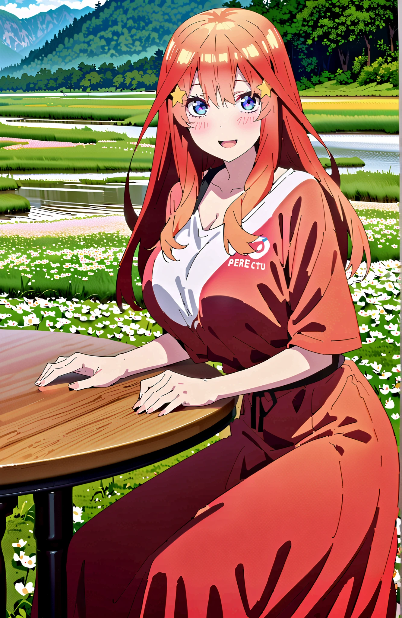 Nakano Mizuki , long hair, blue eyes, Hair Ornament, red hair,star (  symbol ), Half Rim Glasses, star Hair Ornament,Big Breasts,cleavage,smile,blush,open your mouth,white oversized t-shirt, one shoulder, red long skirt,sandals,is standing,Flower Field,river,Mountain,noon,full bodyがillustrationsに入るように,break looking at viewer,full body,
break outdoors,nature,
break (masterpiece:1.2), top quality, high resolution, Unity 8k 壁紙, (illustrations:0.8), (beautiful detailed eyes:1.6), very detailed face,  perfect lighting on the table, extremely detailed CG, (perfect hand, perfect anatomy),