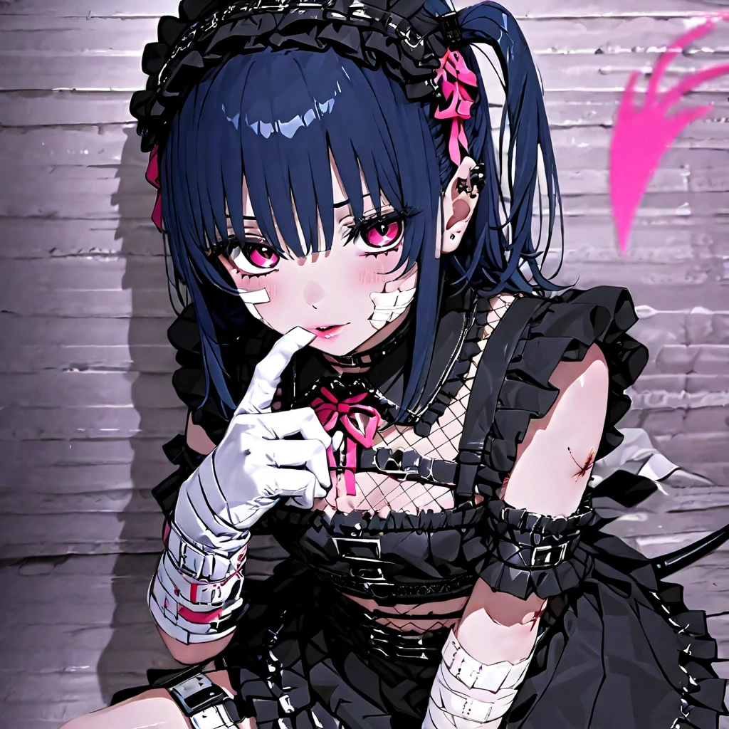 illustration of Alice from Wonderland in a rebellious pin-up style, wearing an edgy outfit with a mix of classic and modern elements. Her skin is adorned with vibrant tattoos that showcase her rebellious nature, image against white background.