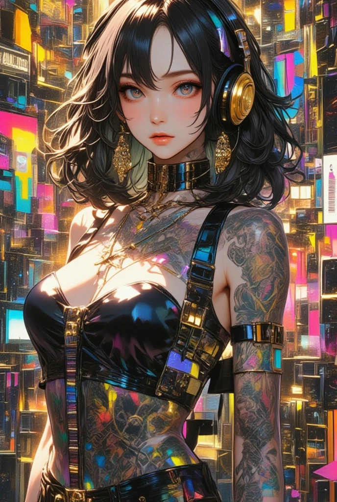 (Magazine Cover:1.3),Urzan-6500, (Realistic: 1.3) (original: 1.2), masterpiece, Highest quality, Beautiful pretty face, whole body, One girl, Glitch Art, (Digital Distortion), Pixelated Fragments, Data Corruption,Colorful Noise, Visual clutter,Modern aesthetics, big firm bouncing busts, sexy long legs