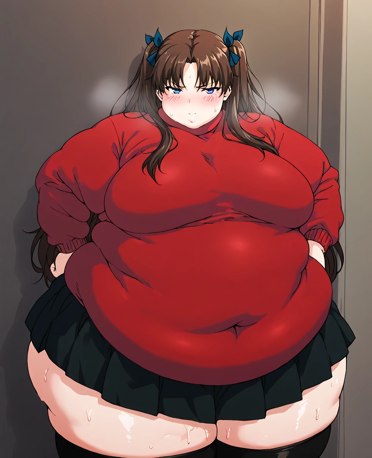 big belly, sitting, pregnant, fat, large stomach, fatty, fat, large belly, standing, fat belly, very fat, large stomach, chubby,very fat, safe for work, obese, giant belly, fat, huge, heavy, very fat, safe for work, fat, large belly, big belly, very fat, large stomach, chubby (best quality, masterpiece), Rin tohsaka
