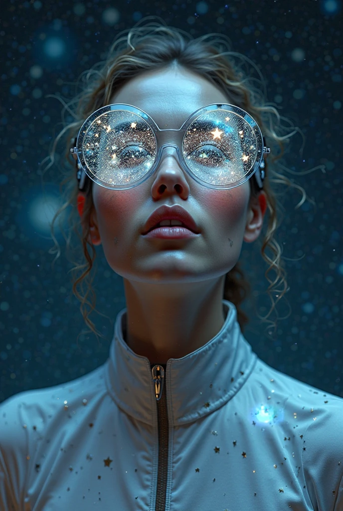 The model wears glass sunglasses with stars and the moon in the glass