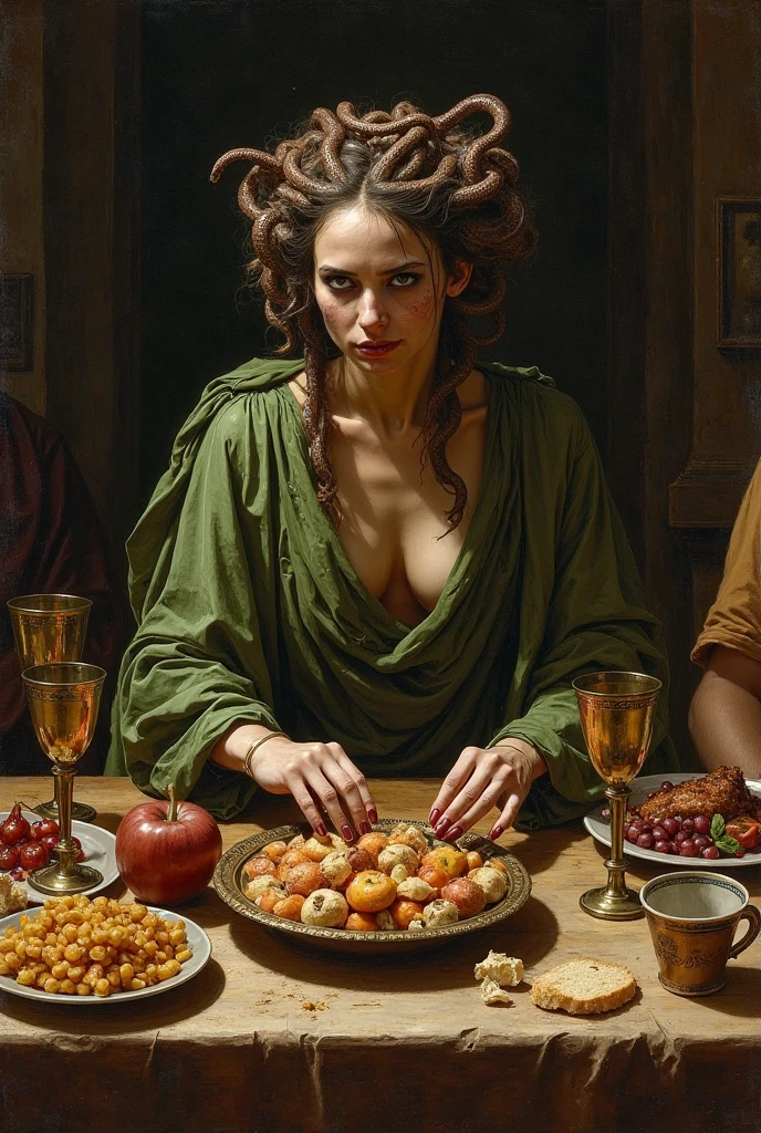 Draw an allegorical painting of the sin 'Envy' in the style of 'The Last Supper'. The scene: a lavish feast at a long wooden table, laden with food — roasted meat, fruits, golden goblets of wine. The only character is Megera, one of the Greek Erinyes, embodying envy: a gaunt, fierce woman draped in a tattered green robe, her head entirely crowned with writhing snakes instead of hair, like Gorgon Medusa, each strand a living serpent, and bared, snarling teeth, radiating subtle malice. She sits facing forward, her shadowed, venomous eyes gazing quietly to the left, simmering with restrained jealousy, fixed on something beyond the frame. Her bony hands rest lightly on the table edge, nails barely grazing it, her body rigid yet composed. Her spot is barren — a lone crust of bread and a cracked cup — starkly contrasting the untouched feast before her, whispering deprivation. The composition is symmetrical, with warm golden lighting casting harsh shadows on Megera, set against a dark background, in the style of classical painting with rich ancient Greek details, textured and dramatic