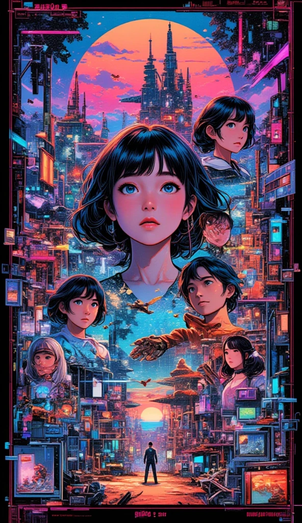 masterpiece, Best Quality, details,Collage poster pictures、collage with a collection of retro game screens、