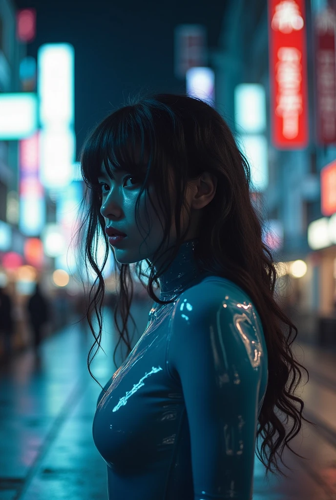 • Visual : Petrol blue latex bodysuit glued to the body.
 • Hair : Prateado, cacheado, covering part of the face
• Power: Enter people's emotions, makes you cry and then destroys you
• Vibe: Sweet at first sight... until you realize you're sinking. In the city of Tokyo at night
