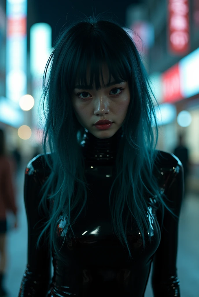 • Visual : Black and petrol blue latex ????????.
 • Hair : Prateado, cacheado, covering part of the face
• Power: Enter people's emotions, makes you cry and then destroys you
• Vibe: Sweet at first sight... until you realize you're sinking. In the city of Tokyo at night