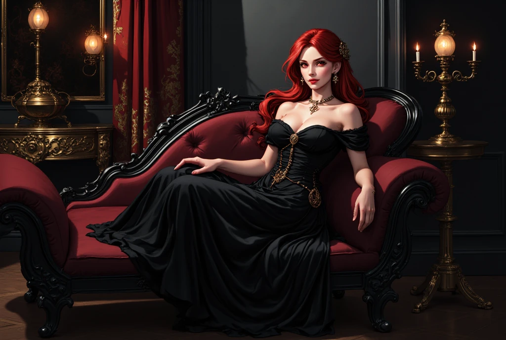 A beautiful and seductive young noblewoman with long flowing red hair, sitting gracefully on a dark Victorian chaise longue. She is wearing a black off-shoulder velvet gown that accentuates her elegant figure. Her posture is relaxed but confident, legs crossed, one arm resting on the back of the sofa. Her crimson eyes gaze directly forward with a mysterious, knowing smile. The lighting is soft and moody, with gothic shadows in the background, hinting at an opulent and arcane interior. Her presence is both mesmerizing and unsettling. Semi-realistic style, high detail, fantasy gothic atmosphere, soft skin, rich textures, dramatic contrast, no text.