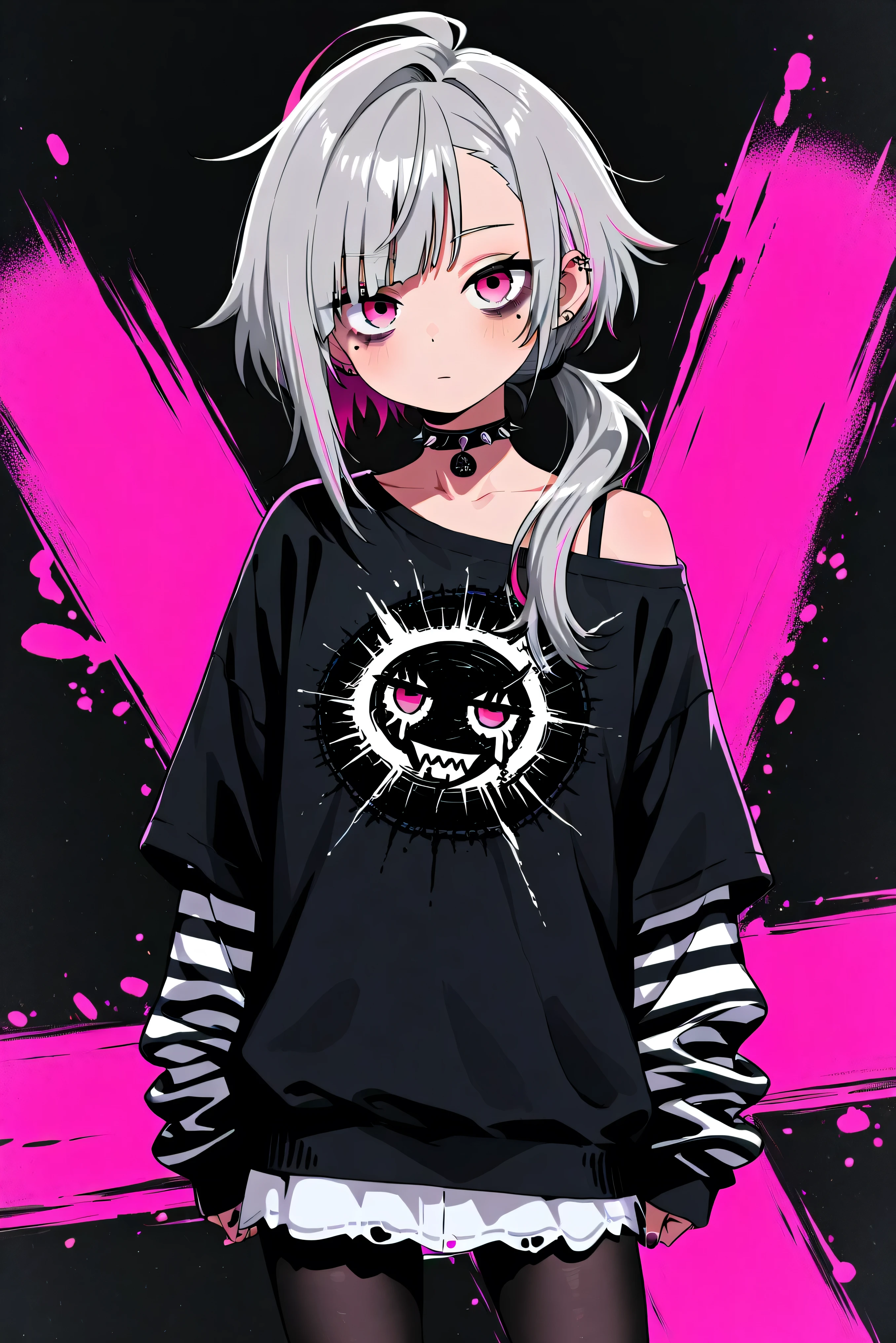 HD、High Quality、girl ,  pink eyes、Gray Hair、  shortcuts,    low ponytail  、  stupid hair,    asymmetrical bang , ,    Dark circles under the eyes 、  black pantyhose  、 simple eyes   、solo、casual punk attire、
