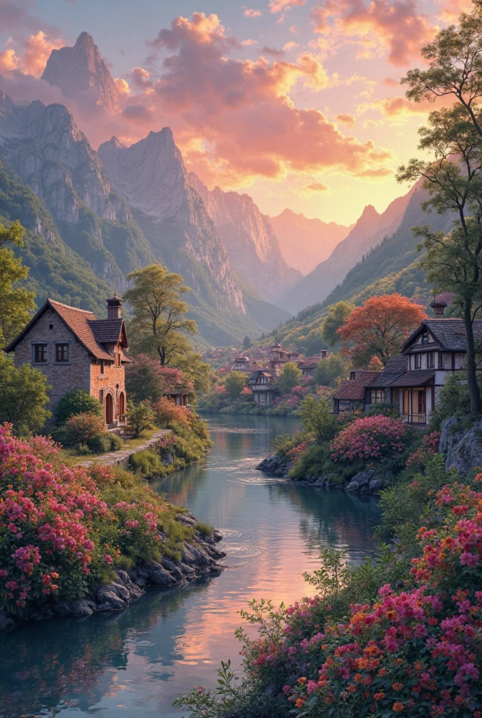 a small village by the river, mountains in the background, floral flowers colorful, detailed landscape, Beautiful natural landscapes, atmospheric lighting, scorching sunset, warm colours, practical, photopractical, Detailed Foliage, complex buildings, cobblestone street, Charming country house, swirly vibrant colors, lush vegetation, Still water reflections, Picturesque, idyllic, work of art, best qualityer, 8k, extremely detaild,anime styling