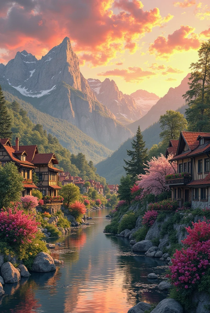 a small village by the river, mountains in the background, floral flowers colorful, detailed landscape, Beautiful natural landscapes, atmospheric lighting, scorching sunset, warm colours, practical, photopractical, Detailed Foliage, complex buildings, cobblestone street, Charming country house, swirly vibrant colors, lush vegetation, Still water reflections, Picturesque, idyllic, work of art, best qualityer, 8k, extremely detaild,anime styling