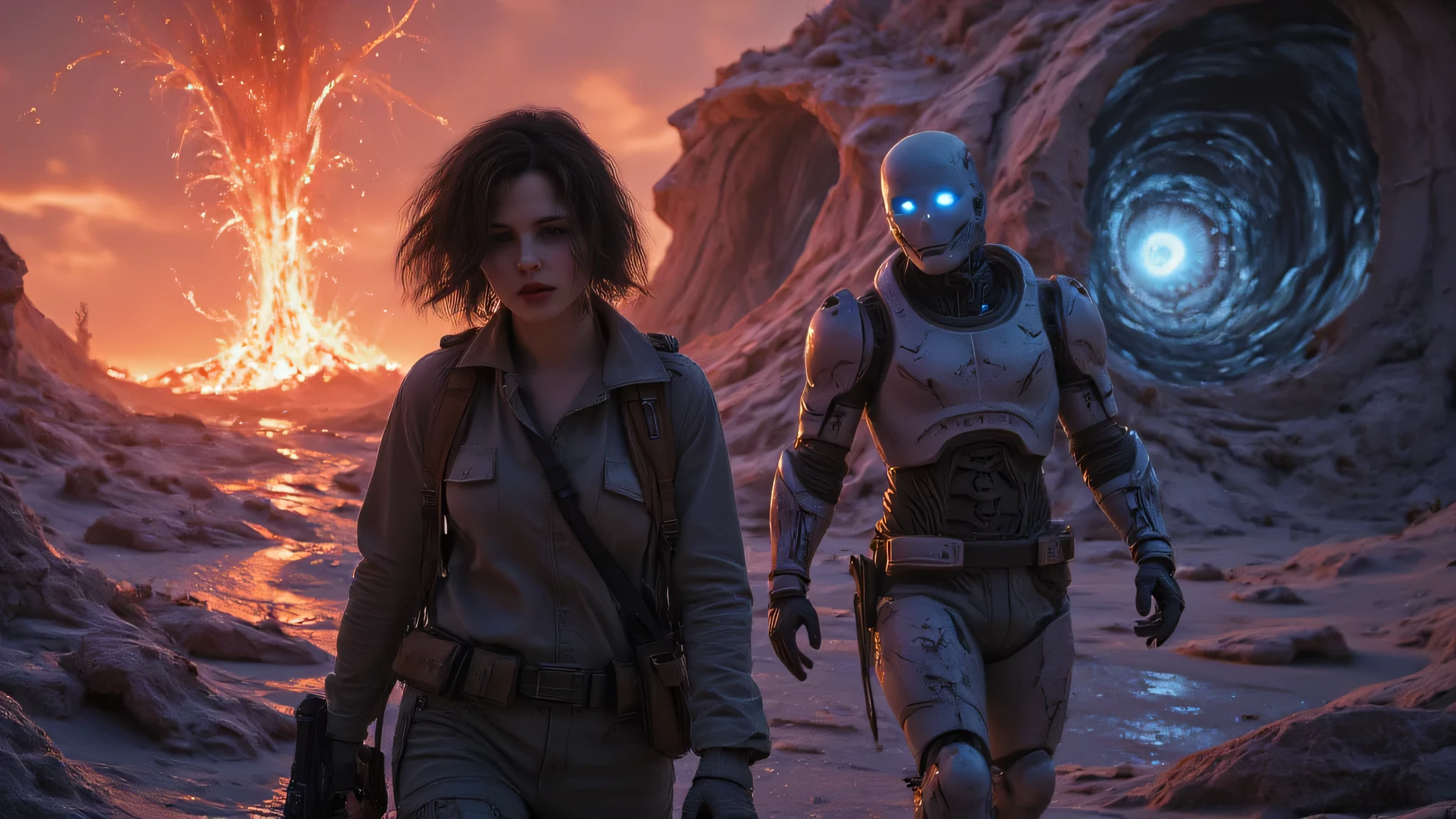 Design a dramatic, emotionally symbolic sci-fi YouTube thumbnail inspired by “The Last Breath of Orion-9.”
Scene composition: Show Dr. Selene Korr (female, early 30s) in the foreground, standing in a defensive stance with her pulse pistol lowered, her gaze fixed forward. She has a rugged medic's uniform, short messy hair, and faint scars. Her expression is haunted yet fierce.
To her right, slightly behind, is Eli-7 — a humanoid android, visibly damaged, with exposed mechanical joints, cracked white plating, and one glowing blue eye. He stands protectively, holding no weapons, but projecting calm strength.
The background reveals a collapsing alien structure with glowing, root-like technology rising from cracked ground—symbolizing the Genesis Core awakening. Use moody lighting and contrast: a dying orange sky blending into violet shadows, creating a tone of beauty, decay, and possible redemption. Highlight the emotional connection between the two figures amidst a hostile, changing world.
