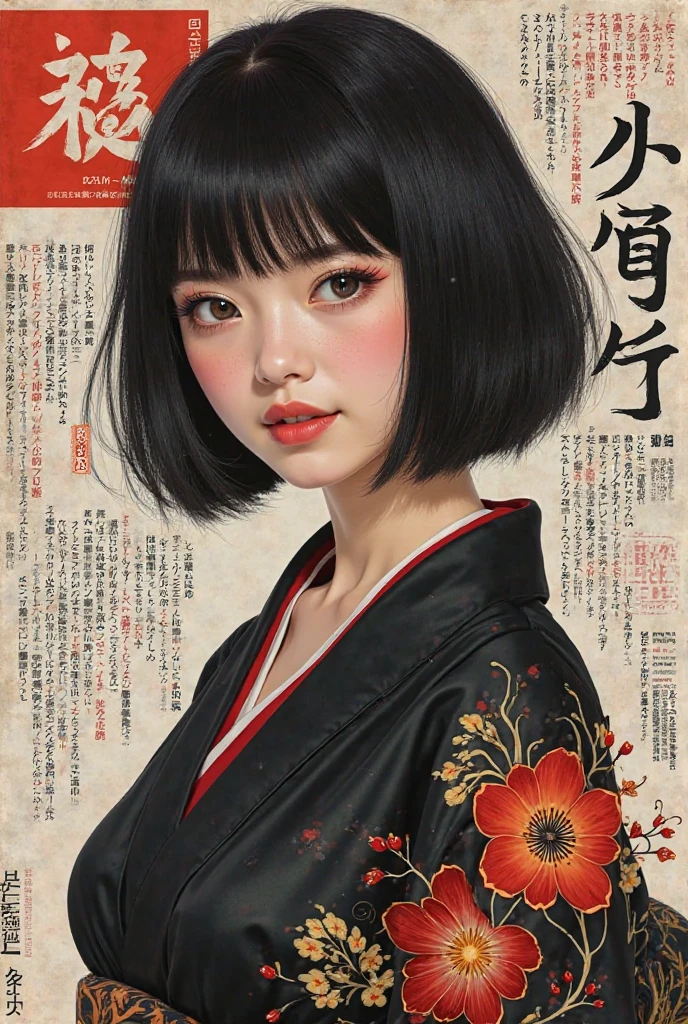 Shizune real woman hyperrealist Hyperrealism as the protagonist of the cover and with background texts as if it were a real magazine. hyperrealistic. Hyperrealism. live action magazine. big breasts. Short haired black kimono. realist