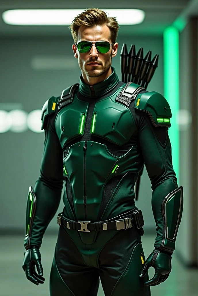 Futuristic Green Arrow costume with Uron Man armor style, the costume with red and a little black moons and with a mask