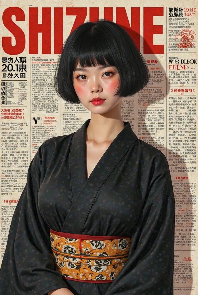 Shizune real woman hyperrealist Hyperrealism as the protagonist of the cover and with background texts as if it were a real magazine. hyperrealistic. Hyperrealism. live action magazine. big breasts. Unadorned black kimono.short hair. realist. magazine