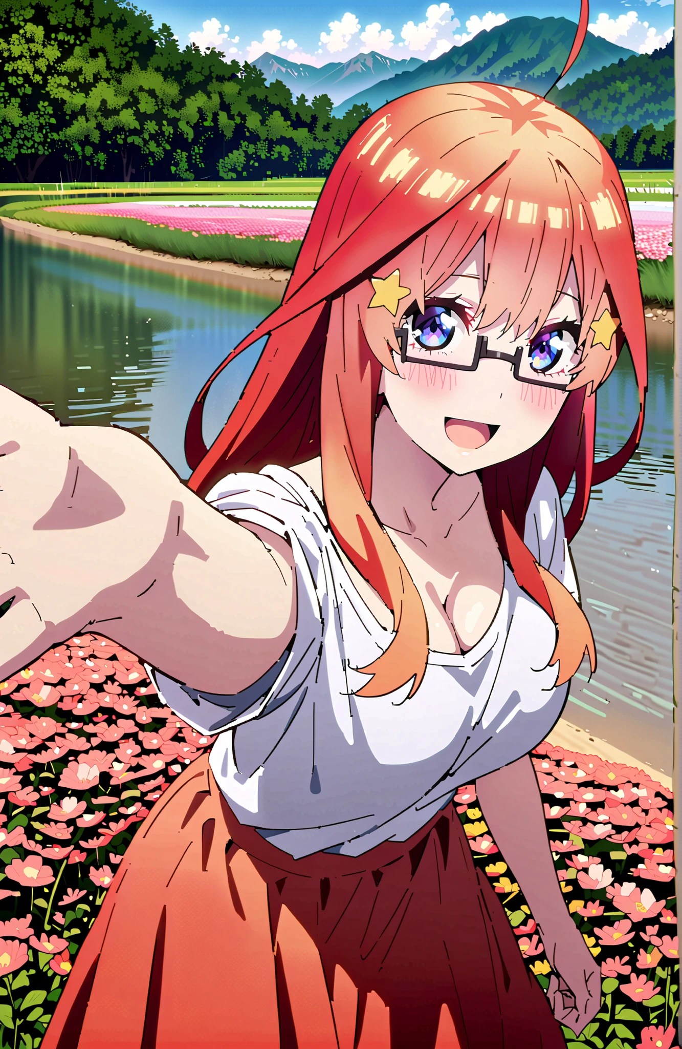 Nakano Mizuki , long hair, blue eyes, Hair Ornament, red hair,star (  symbol ), Half Rim Glasses, star Hair Ornament,Big Breasts,cleavage,smile,blush,open your mouth,white oversized t-shirt, one shoulder, red long skirt,sandals,is standing,Flower Field,river,Mountain,noon,full bodyがイラストに入るように,break looking at viewer,full body,
break outdoors,nature,
break (masterpiece:1.2), best quality, high resolution, Unity 8Kの壁紙, ( illustration :0.8), (beautiful detailed eyes:1.6), very detailed face, perfect lighting, highly detailed CG, (perfect hand, perfect anatomy),