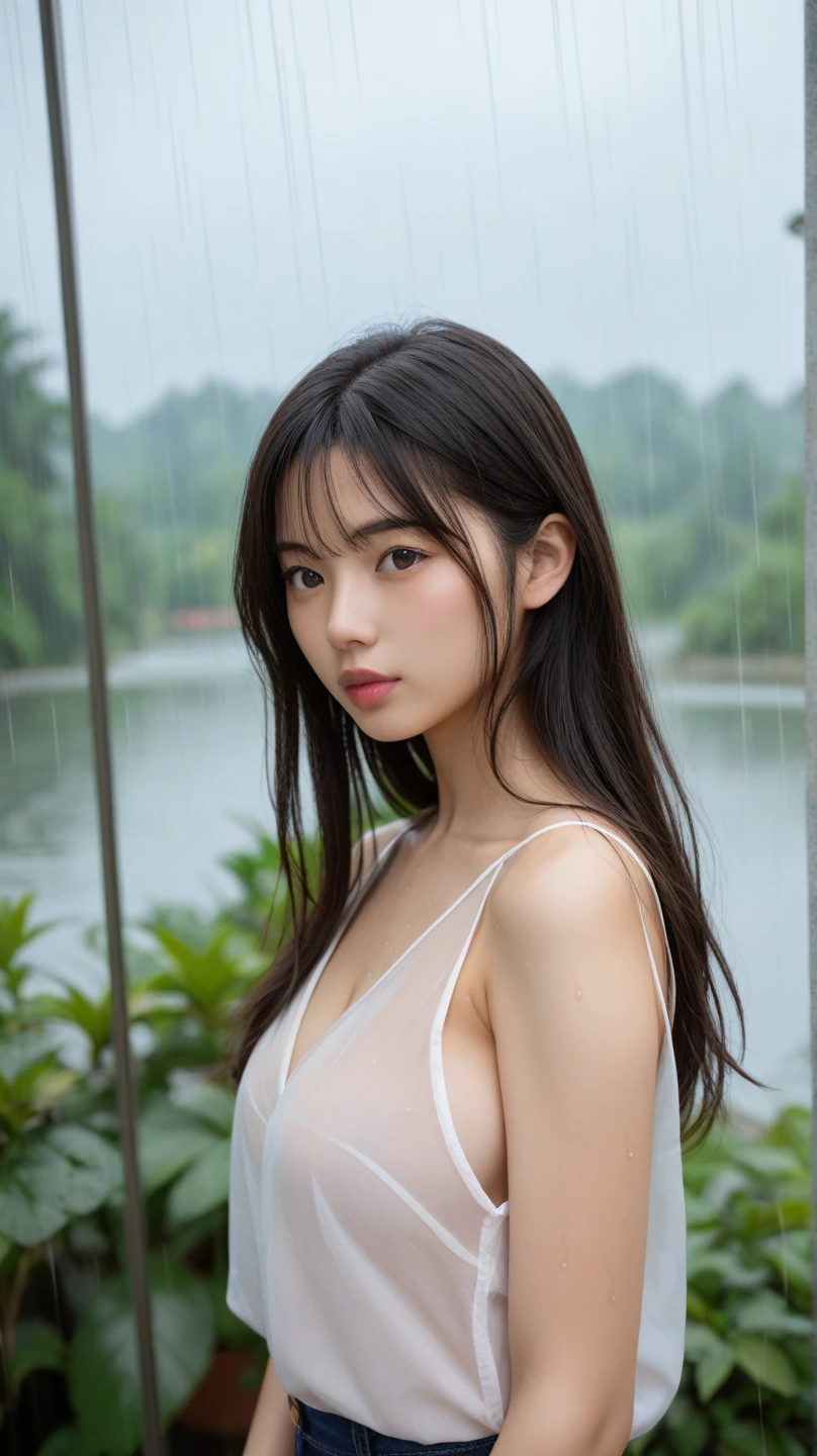 Realistic style film, dreamy background, a super beautiful Chinese-American girl, realistic, delicate and exquisite facial features, realistic, large European-style eyes, realistic, blue-gray iris, realistic, cherry small mouth, realistic, pearl pink lip gloss, realistic, clear contours, cool and fashionable bikini swimsuit, realistic, charming, presenting beautiful curves, realistic, prominent, rich, abundant, full, round, elastic, visible, realistic, realistic, raining, skin covered with water droplets, realistic, wet hair, realistic, drenched by rain, realistic, close-fitting clothes, realistic, dripping water, realistic, masterpiece, CG rendering, OC rendering, Unreal Engine 5, 32K ultra-high-definition resolution
