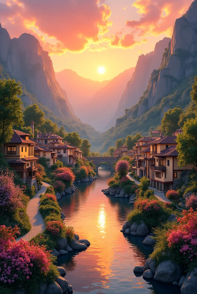 A small town by the river, mountains in the background, colorful floral flowers, detailed landscape, beautiful natural landscapes, atmospheric lighting, scorching sunset, warm colors, practical, photographic, detailed foliage, complex buildings, cobblestone street, charming country house, vibrant colors, lush vegetation, reflections in the water,  picturesque, idyllic, artwork, best quality, 8K, extremely detailed, anime style