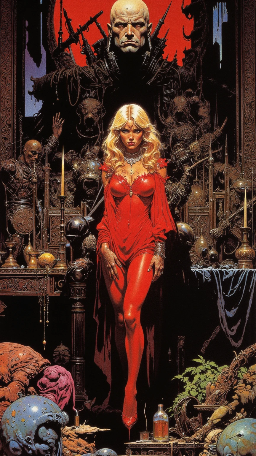 nsfw, margot robbie, vampirella, sultry, slutty, mysterious, wearing authentic comic-book costume, dark dank smokey medieval dungeon,1980's high end high fashion editorial perfume advertising photography, muted color grading, bokeh, light leaks