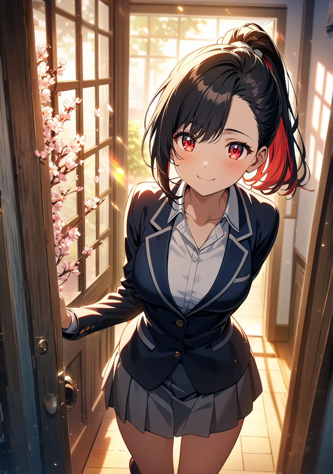 1 girl, Game CG, cowboy shot,
shallow depth of field, a portrait with a soft Gaussian blurred background, creating a dreamy atmosphere, 
focus on face, 

In the warm glow of the evening, a high school girl in a blazer stands at the entrance of her home. 
Soft orange sunlight pours in through the windows, gently coloring the room. 
She wears a school uniform, navy blazer, modern style with fitted jacket, short gray skirt, and navy high socks. 
She is  her shoes with a joyful, relieved smile on her face—an expression that reflects the comfort of being home after the first day of the new school term. 
There is a subtle tiredness in her posture, but also a quiet satisfaction. 
The entrance is cozy, with seasonal touches like a vase of cherry blossom branches adding a springtime feel. 
The scene radiates a peaceful, homely warmth, capturing a tranquil spring sunset indoors.

(Black Hair, dark scarlet inner color, high band ponytail, asymmetrical bangs, red eyes, Light eyes , Clear and Expressive eyes,)
happy expression,

Firm breasts, High chest,

Lens Flare, Cinematic Light Effects,