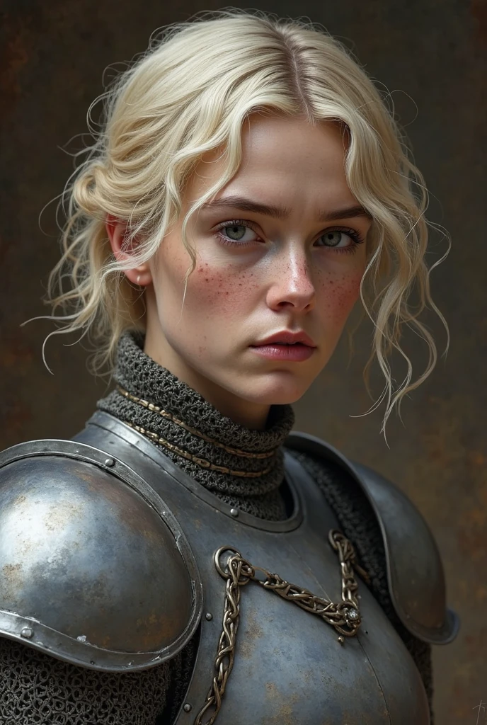 Brienne of Tarth is a tall and robust woman. Despite the verdict, she is a knight, as a woman. She is 31 years old. Her face is characteristic, hard and sullen. Her hair is blond, relatively short and disheveled. She has freckles on her face. She wears gray armor. Realistic medieval style portrait.